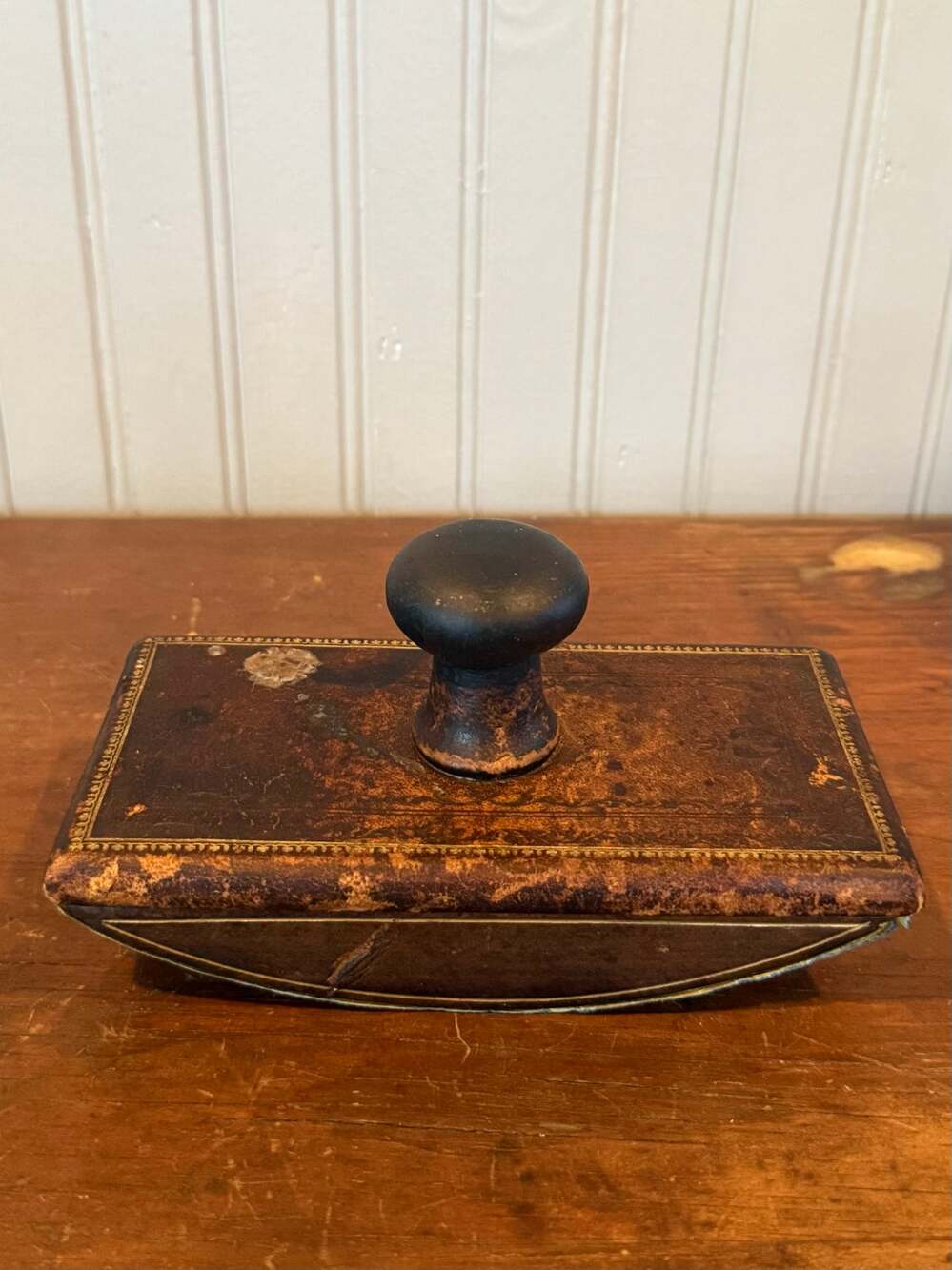 Antique Leather Rocker Blotter, Gold Tooled Ink Blotter, Wood Knob Handle